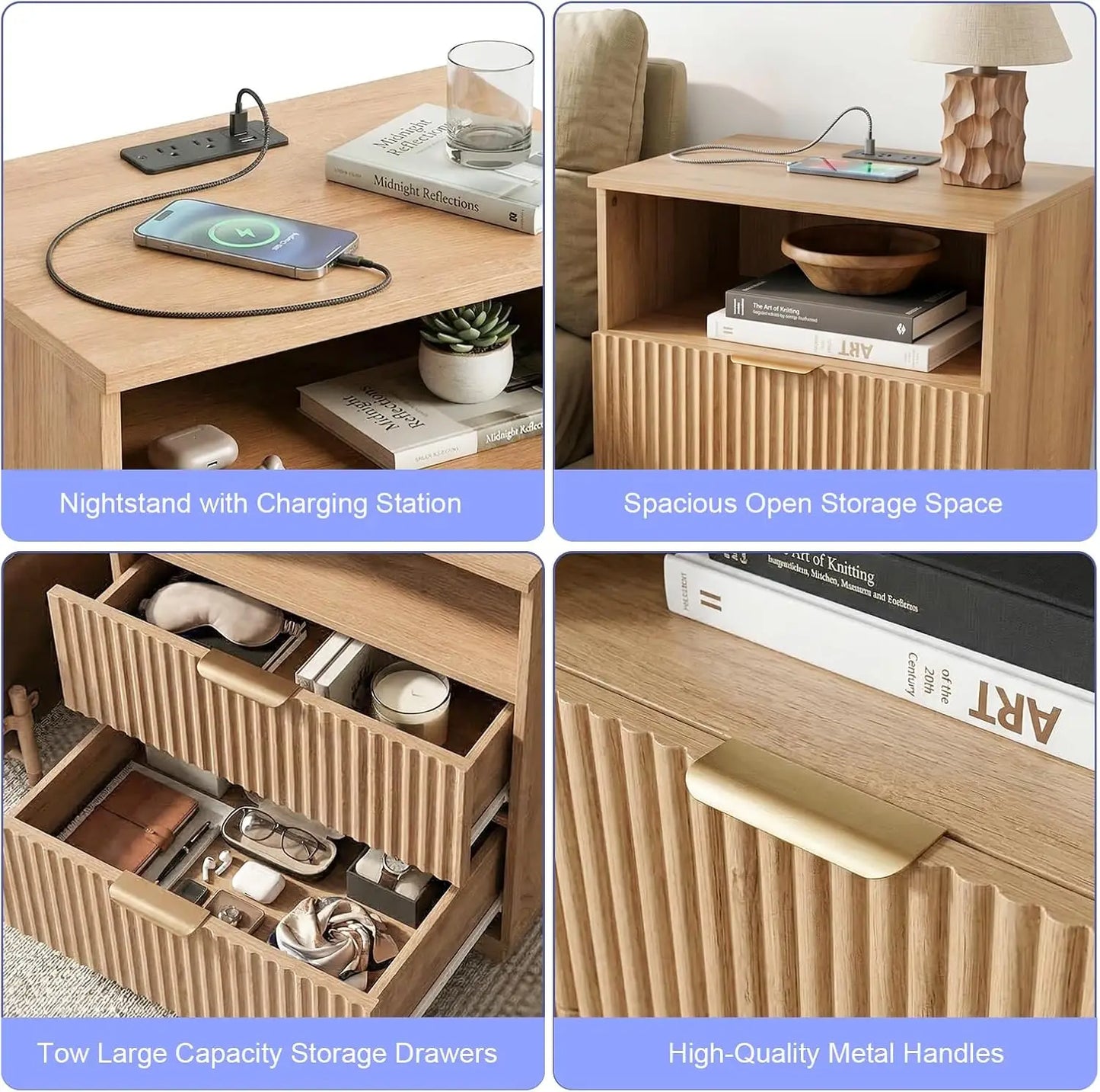 Fluted Nightstand with Charging Station