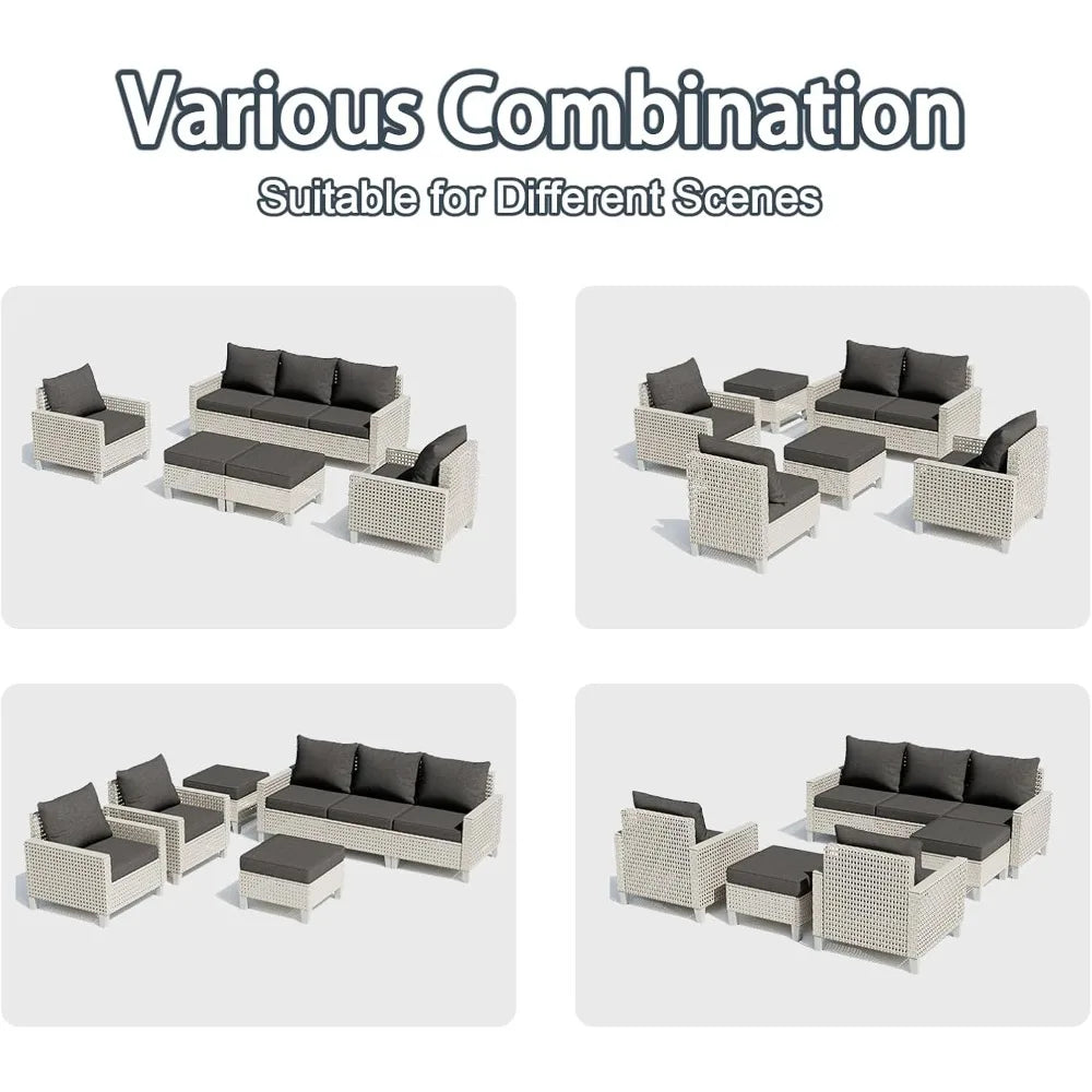 Outdoor Patio Furniture Set with Sectional Sofa, Ottomans and Thick Cushions
