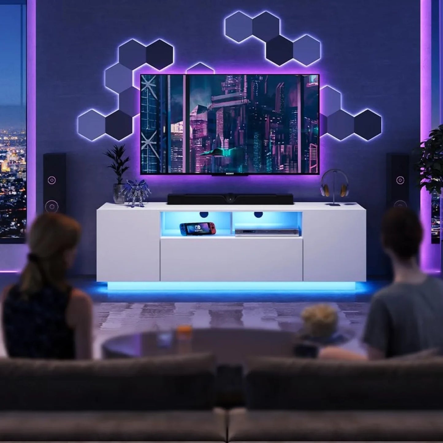 Modern Entertainment Center TV Stand with LED Lights & Large Storage Cabinet
