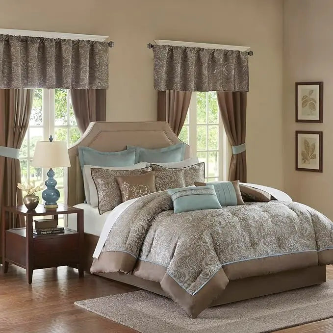 Essentials 24-Piece Faux Silk Comforter Set with Paisley Jacquard Design and Matching Curtains