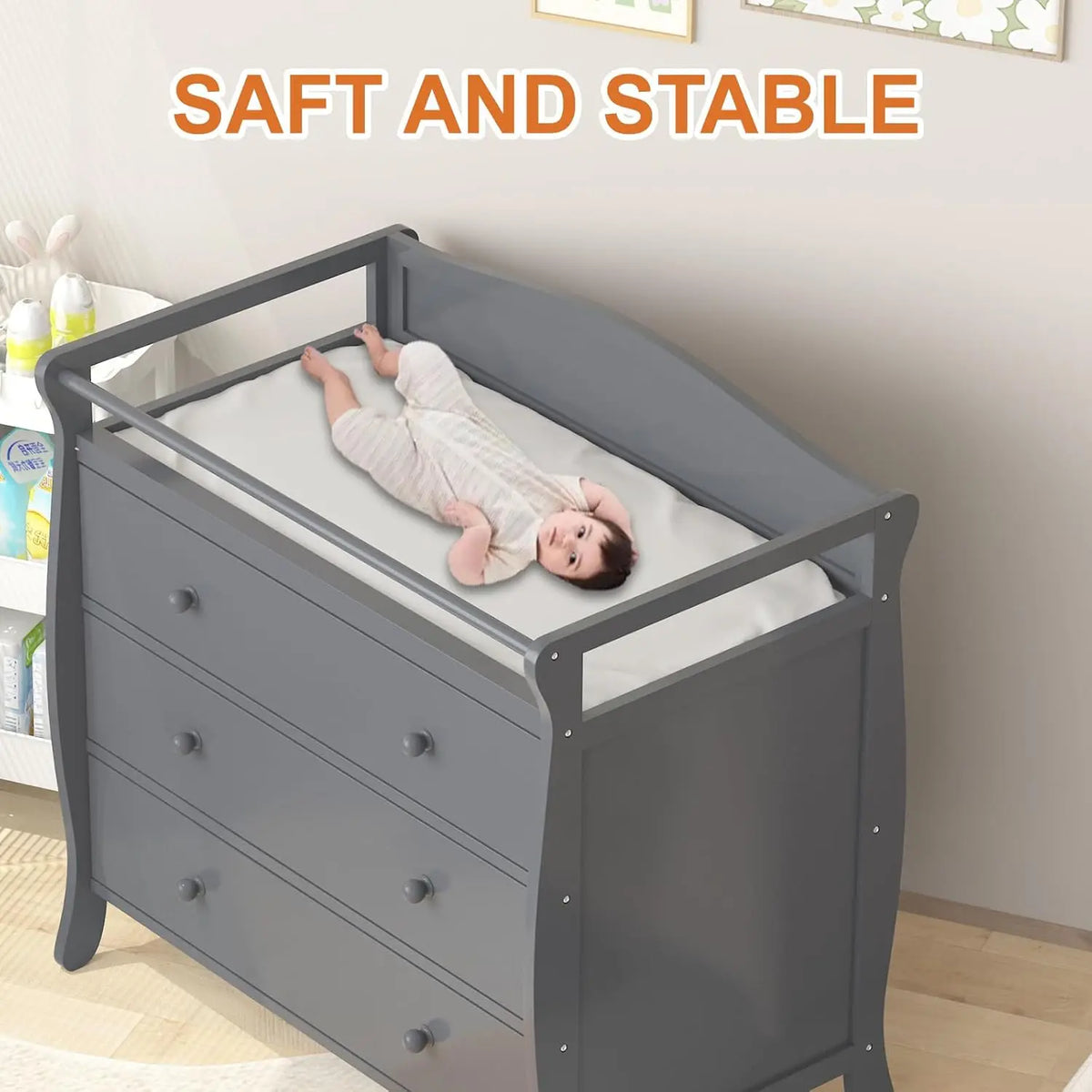 Baby Changing Table With Safety Belt & Rails Toddler Dresser