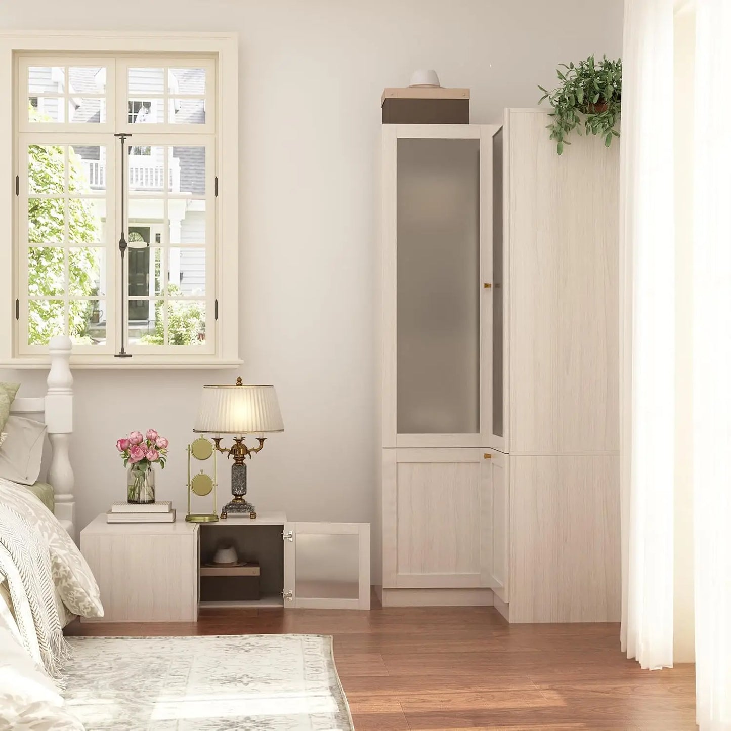 L-Shape Wooden Wardrobe with Frosted Glass Doors