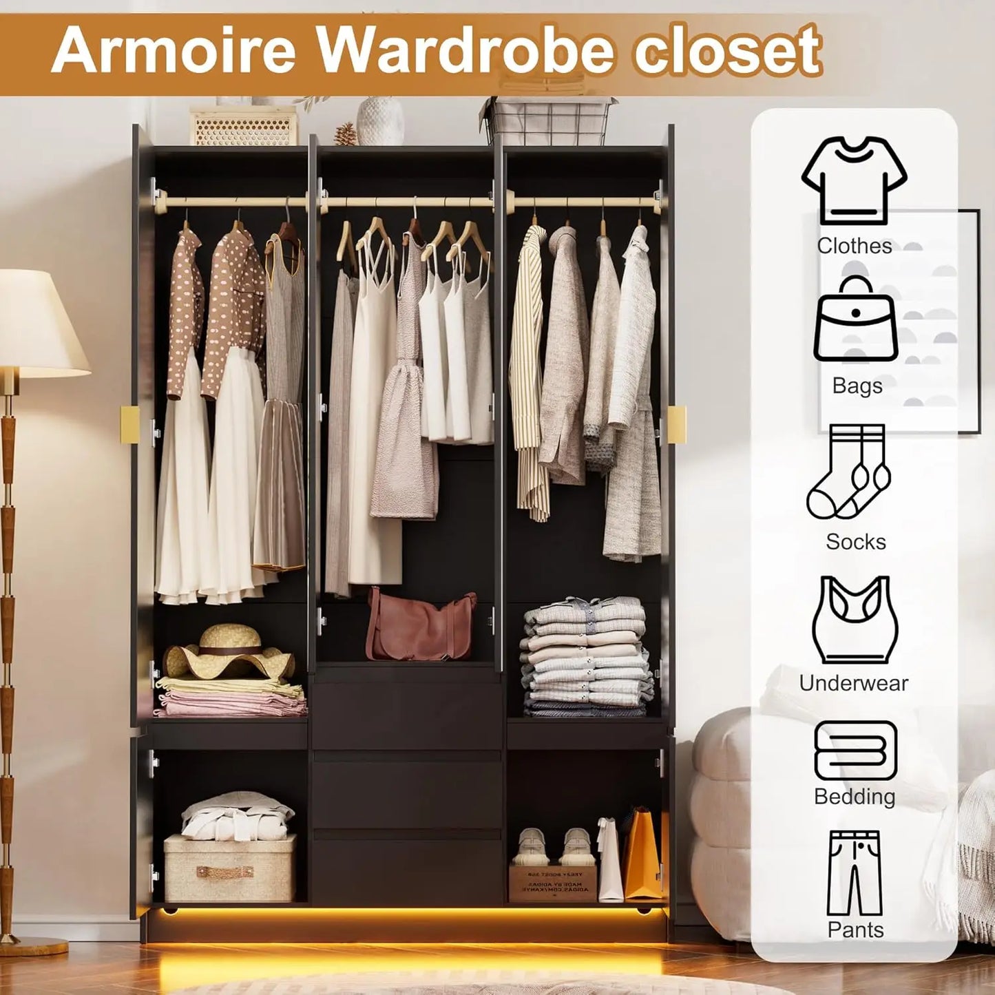 Wardrobe Closet with Led Light & Mirror,