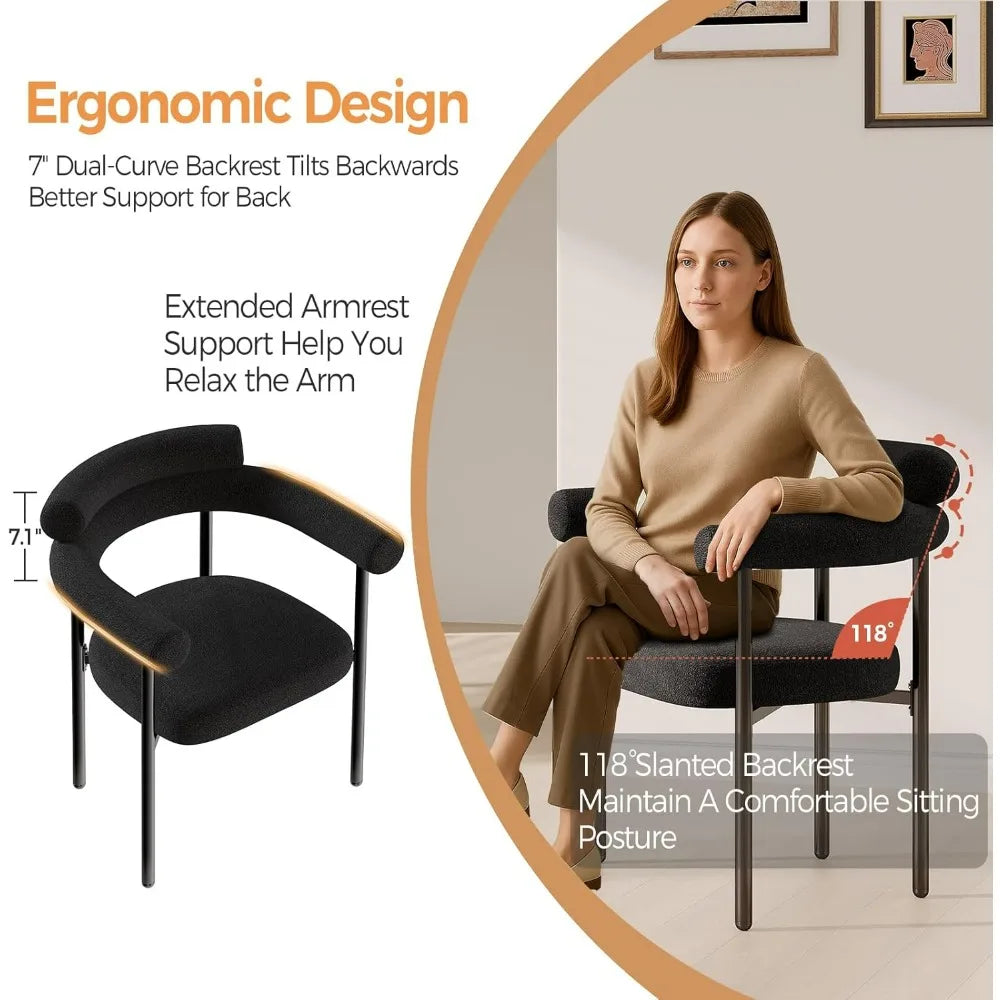 Modern Black Boucle Dining Chair with Arms Set of 4