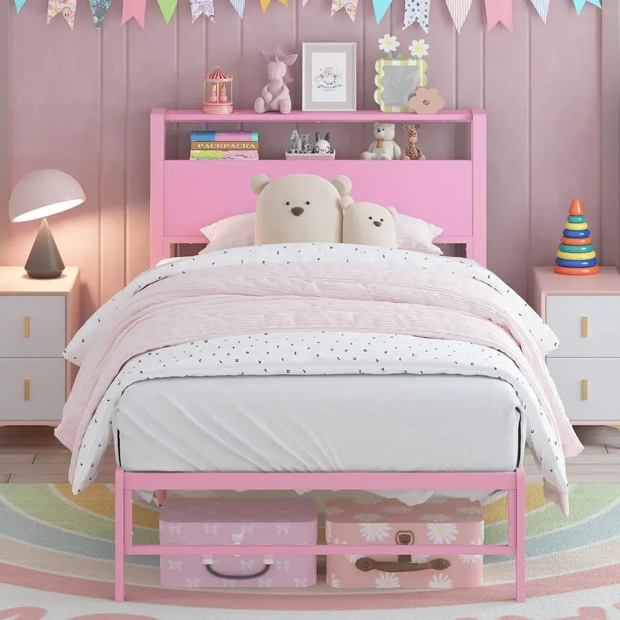 Twin Bed Frames for Kids with Storage Shelves Headboard