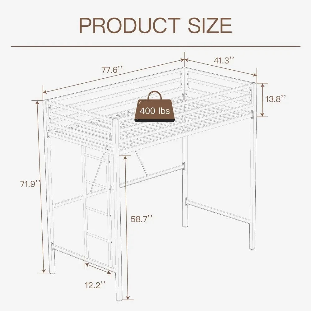 Twin Size Metal Loft Bed with Safety Guardrail And Ladder Space Saving