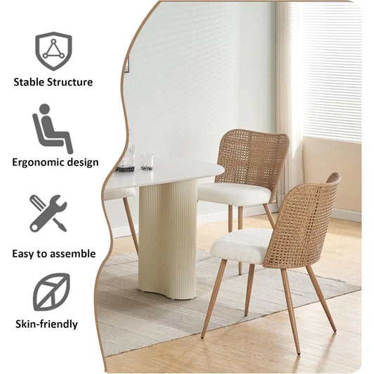 Modern Upholstered Rattan Dining Chairs with Full PE Cane Back and Metal Legs