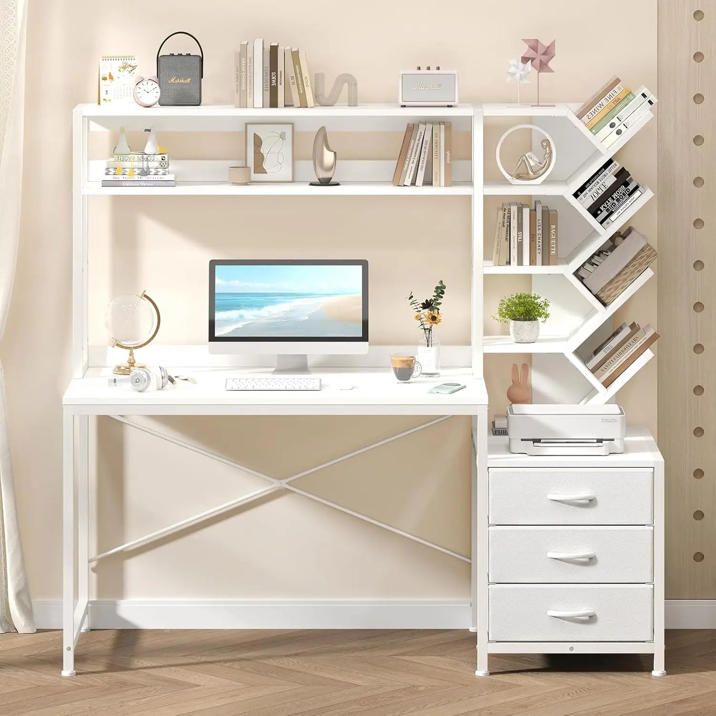 Reversible Computer Desk with Hutch Drawers Bookshelf Storage