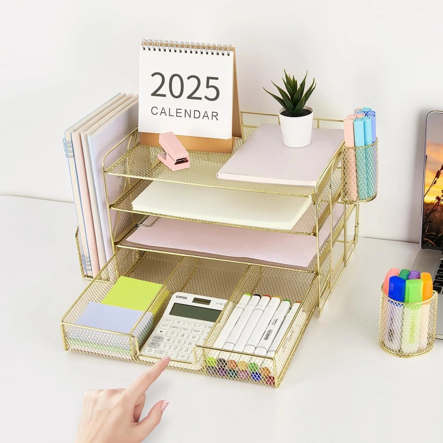 Letter tray organizer with file rack, 4-storey office desk accessory with drawers and 2 pen holders, and workspace organizer