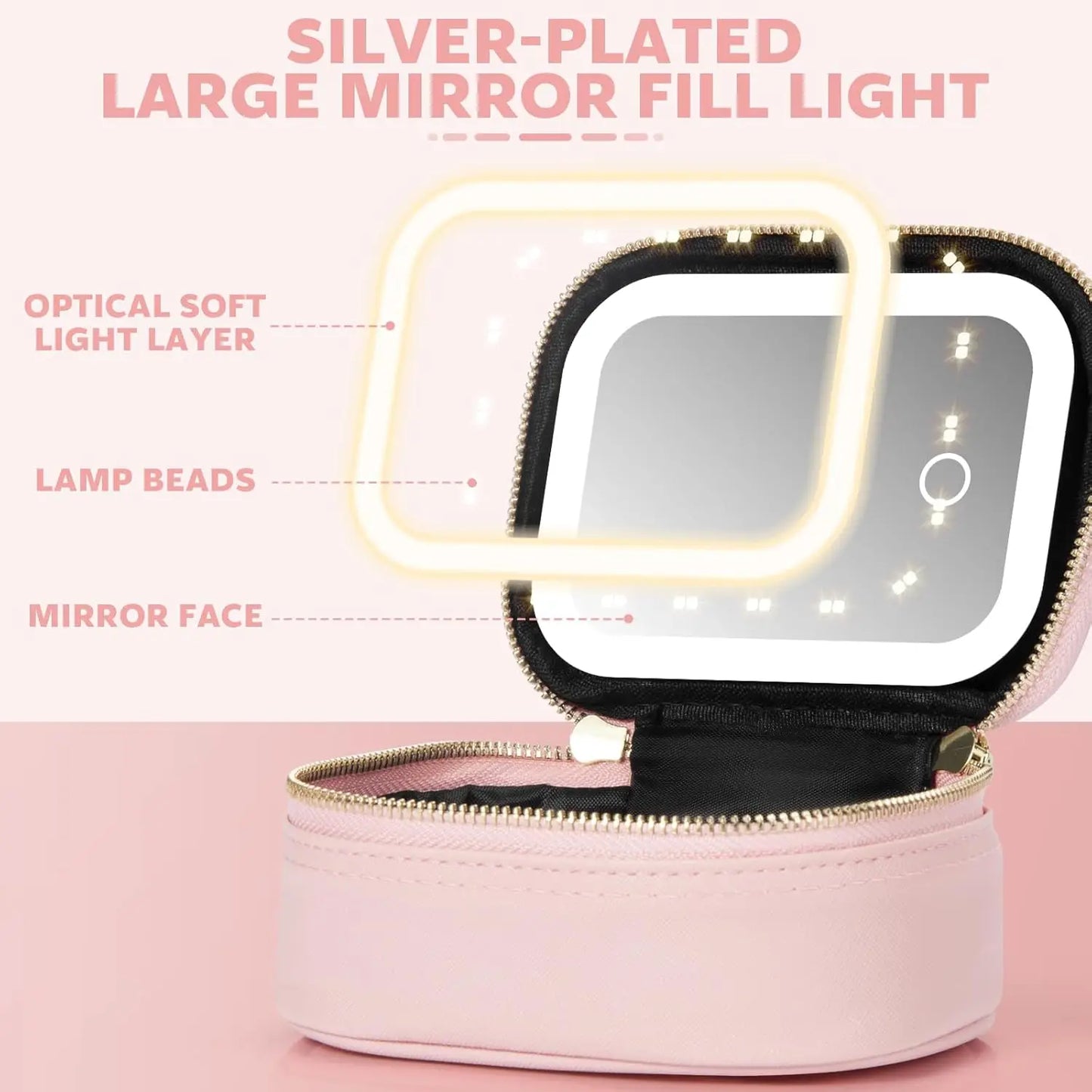 Small Travel Cosmetic  LED Mirror Bag with 3 Light Modes