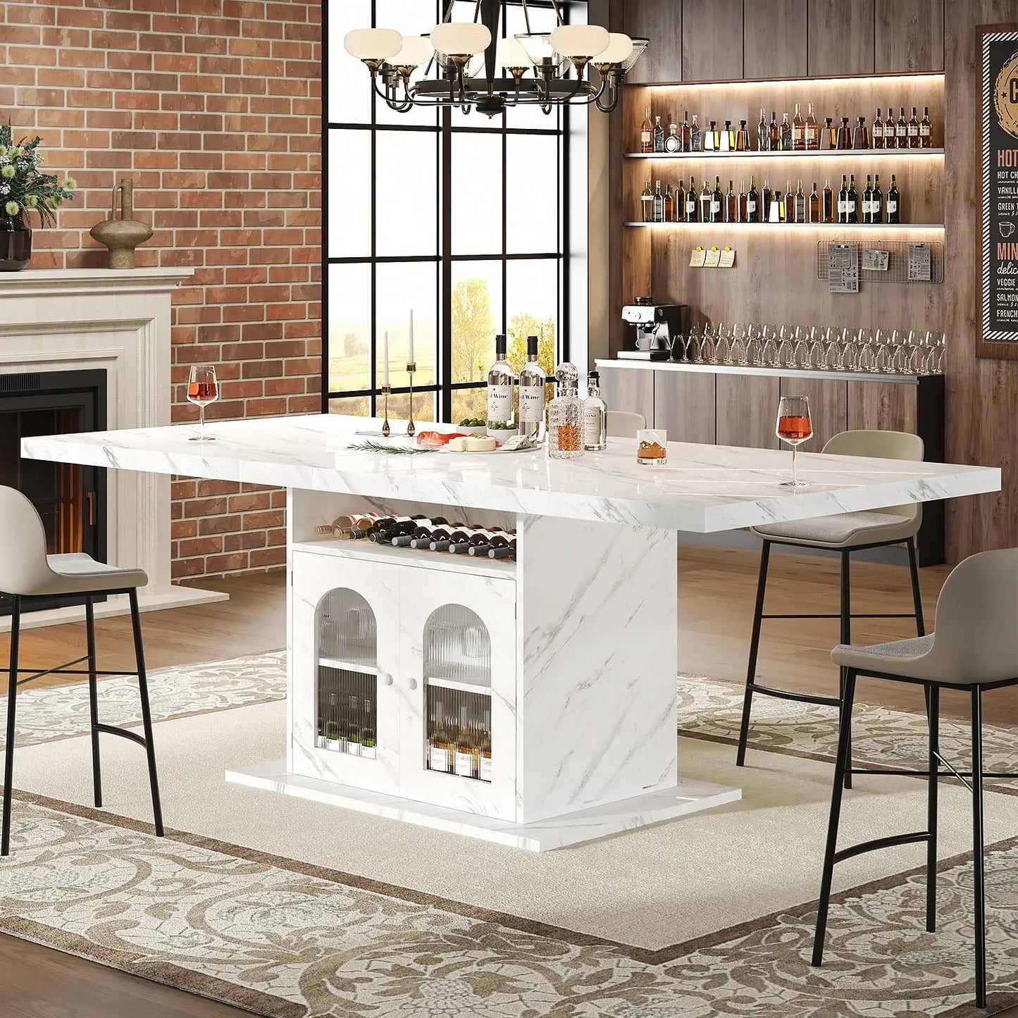 Rectangle Dining Table with Faux Marble Top Storage Shelves Cabinet