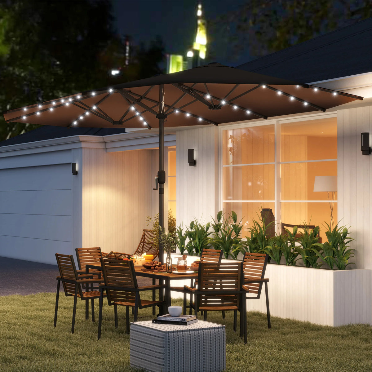 Double Umbrella Sun Shade with LED Solar Light