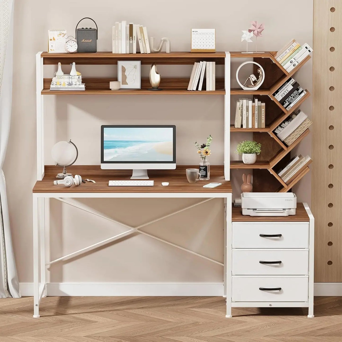 Reversible Computer Desk with Hutch Drawers Bookshelf Storage