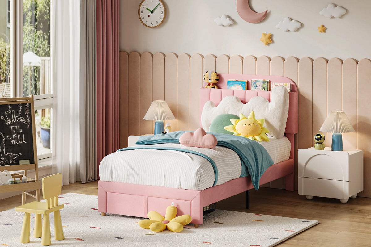 Twin Bed Frame with Bookcase Headboard & Storage Drawer