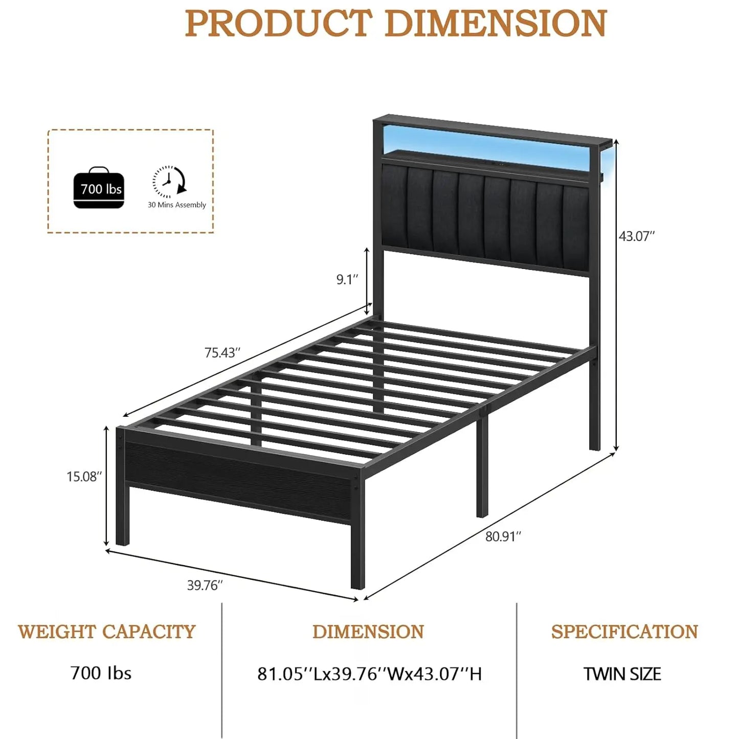 Twin Size Bed Frame with Charging Station and LED Lights
