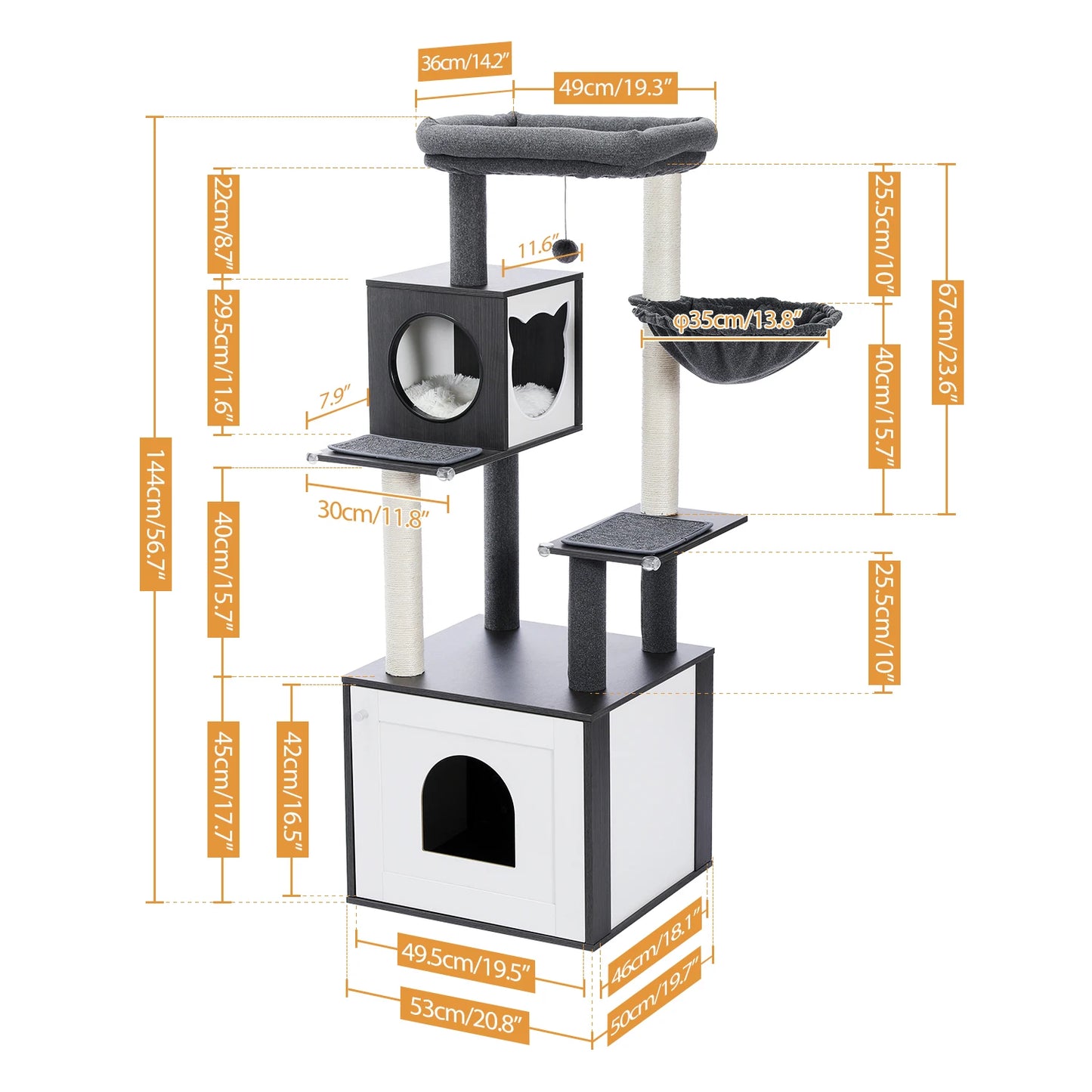 Cat Tree Tower Litter Box Wood Structure Storage with Hammock