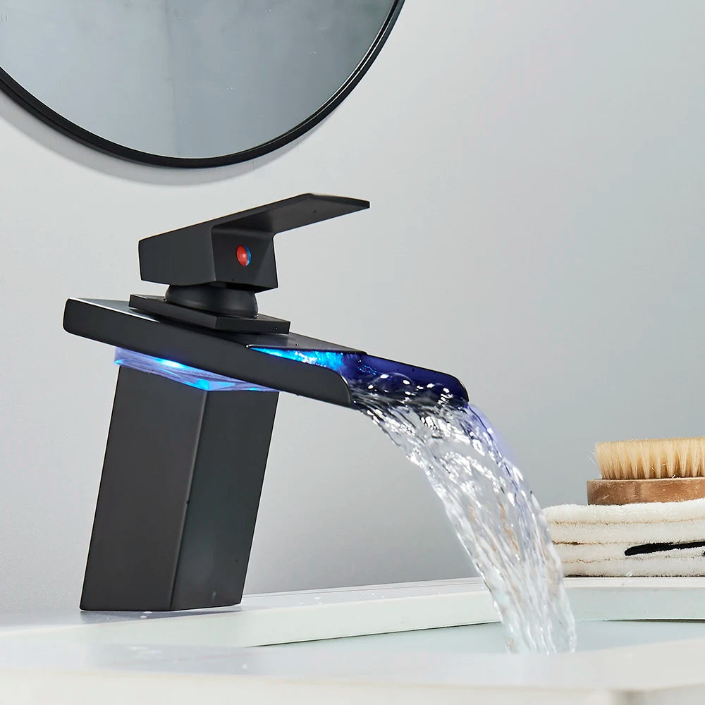 Luxury LED Color Changing Waterfall Basin Sink Faucet Single Handle Deck Mounted Hot and Cold Mixer Taps
