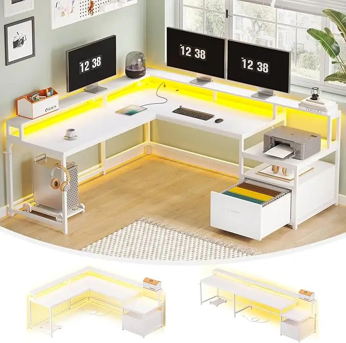 L Shaped Desk with Wood File Drawer & Power Outlet