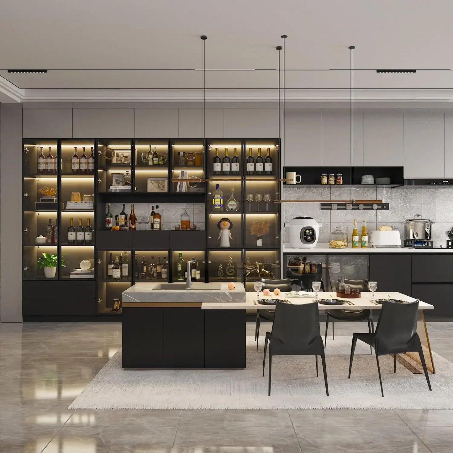 Display Shelf Organizer Set with Hutch Bookcase Bookshelf with Glass Doors and Lights