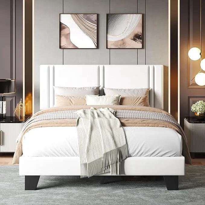 Upholstered Bed Frame with Linen Fabric Headboard