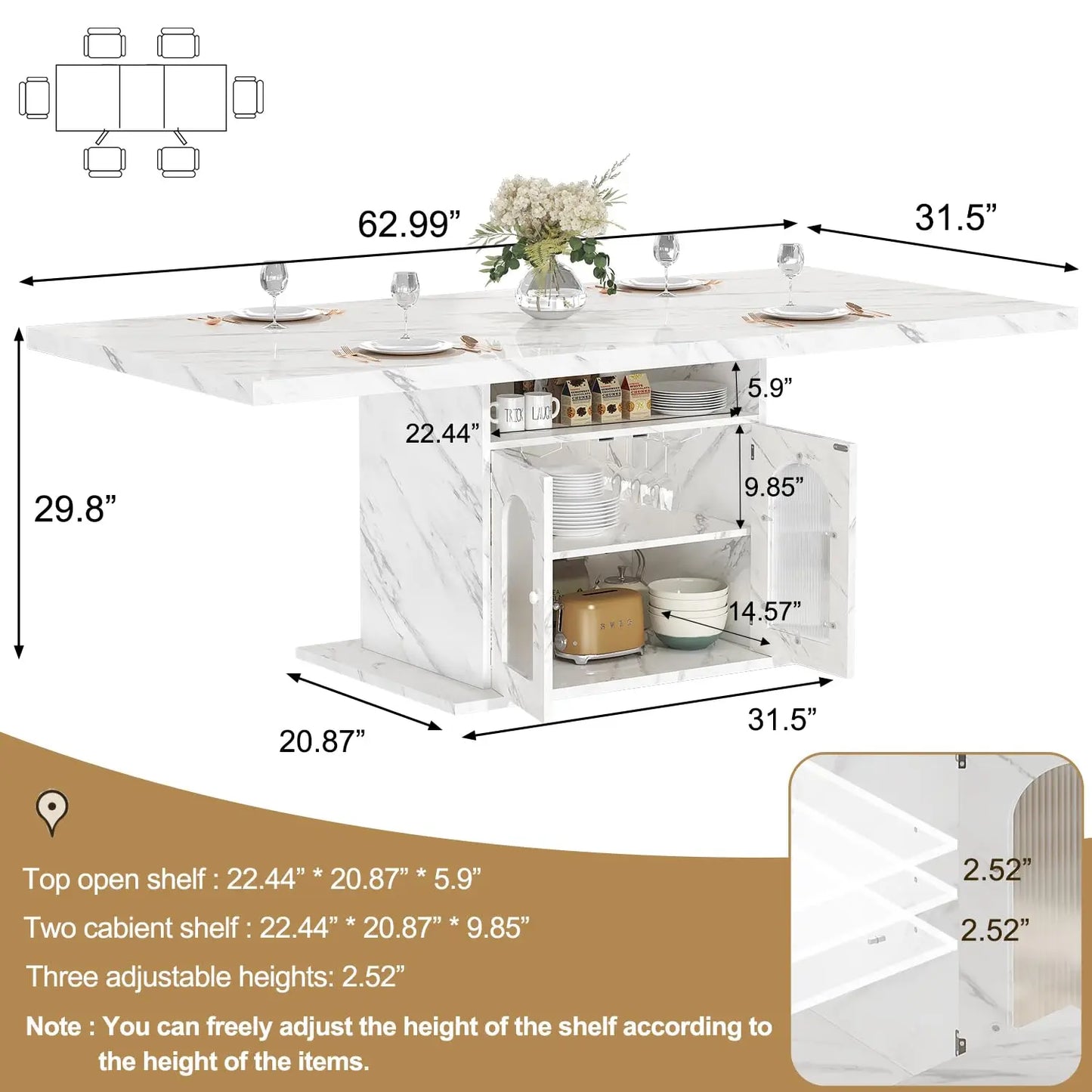 Rectangle Dining Table with Faux Marble Top Storage Shelves Cabinet