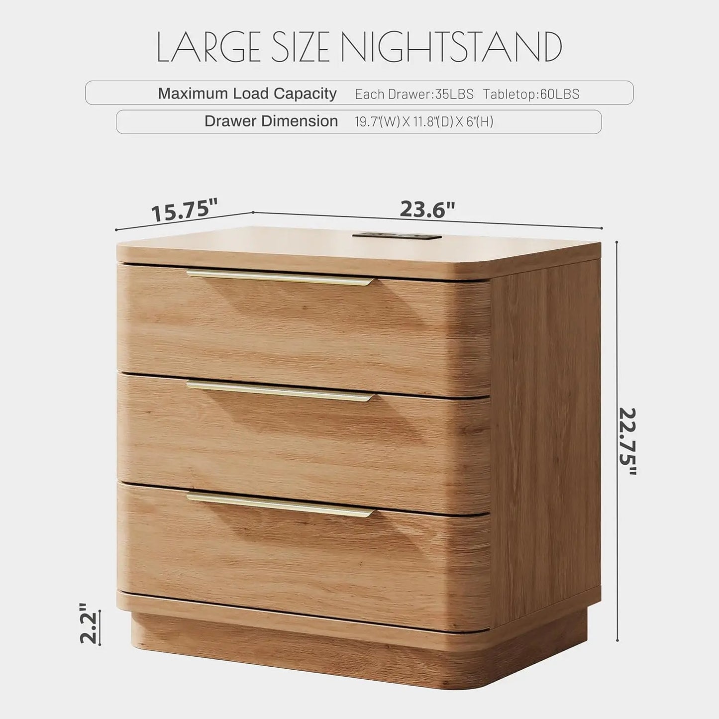Natural Wood Nightstand with Drawers and Charging Station