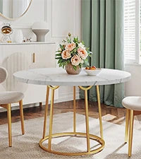Wooden Round Marble Pattern Table with Gold Base