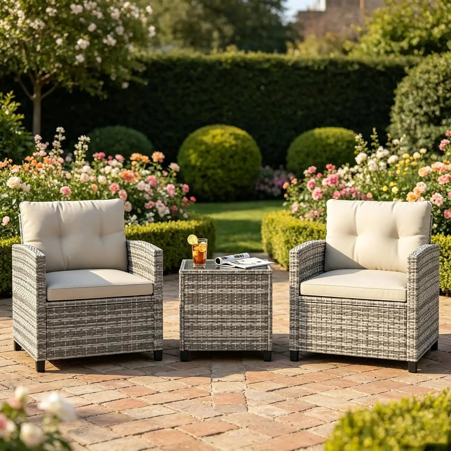 Rattan Patio Chairs and Table Set with Tempered Glass Tabletop and Cushions