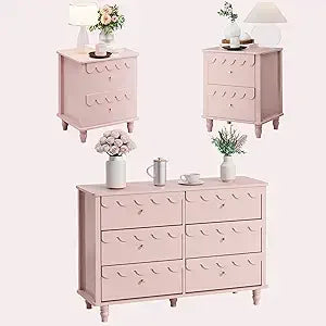 Bedroom Set - Two Drawers Nightstand & Scalloped 6 Drawer Dresser Combo