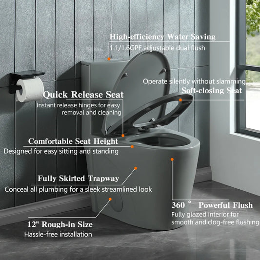 Water-Saving Elongated Comfort Height Floor Mounted One Piece Toilet