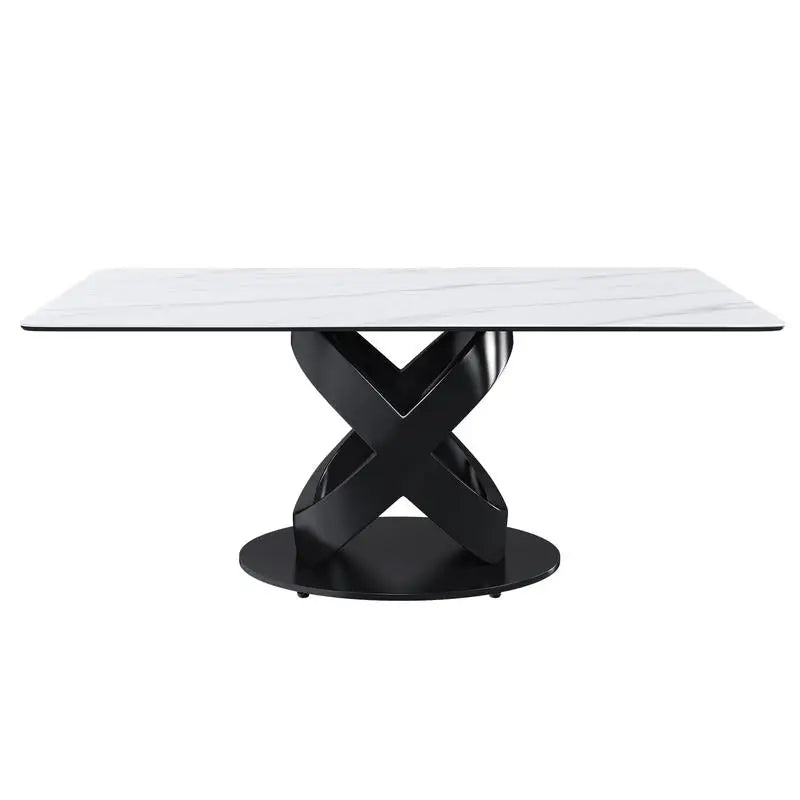 Modern Luxury Rectangular Dining Table with Centered Stone Top and Carbon Steel Base