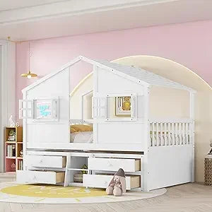 Floor House Bunk Bed with Low Bunker Bed Twin Over Twin