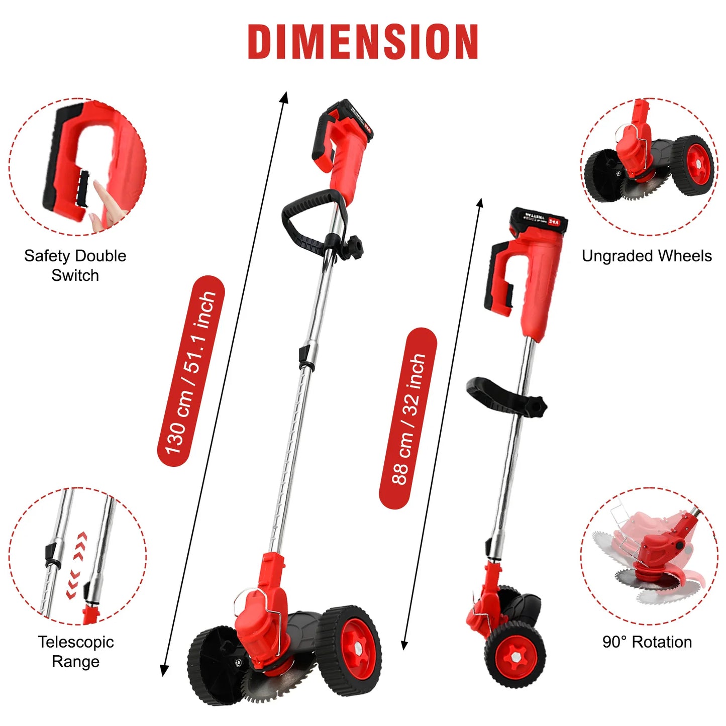 Cordless Weed Wacker Electric Grass Trimmer 3-in-1 Brush with Wheels Edger and Trimmer