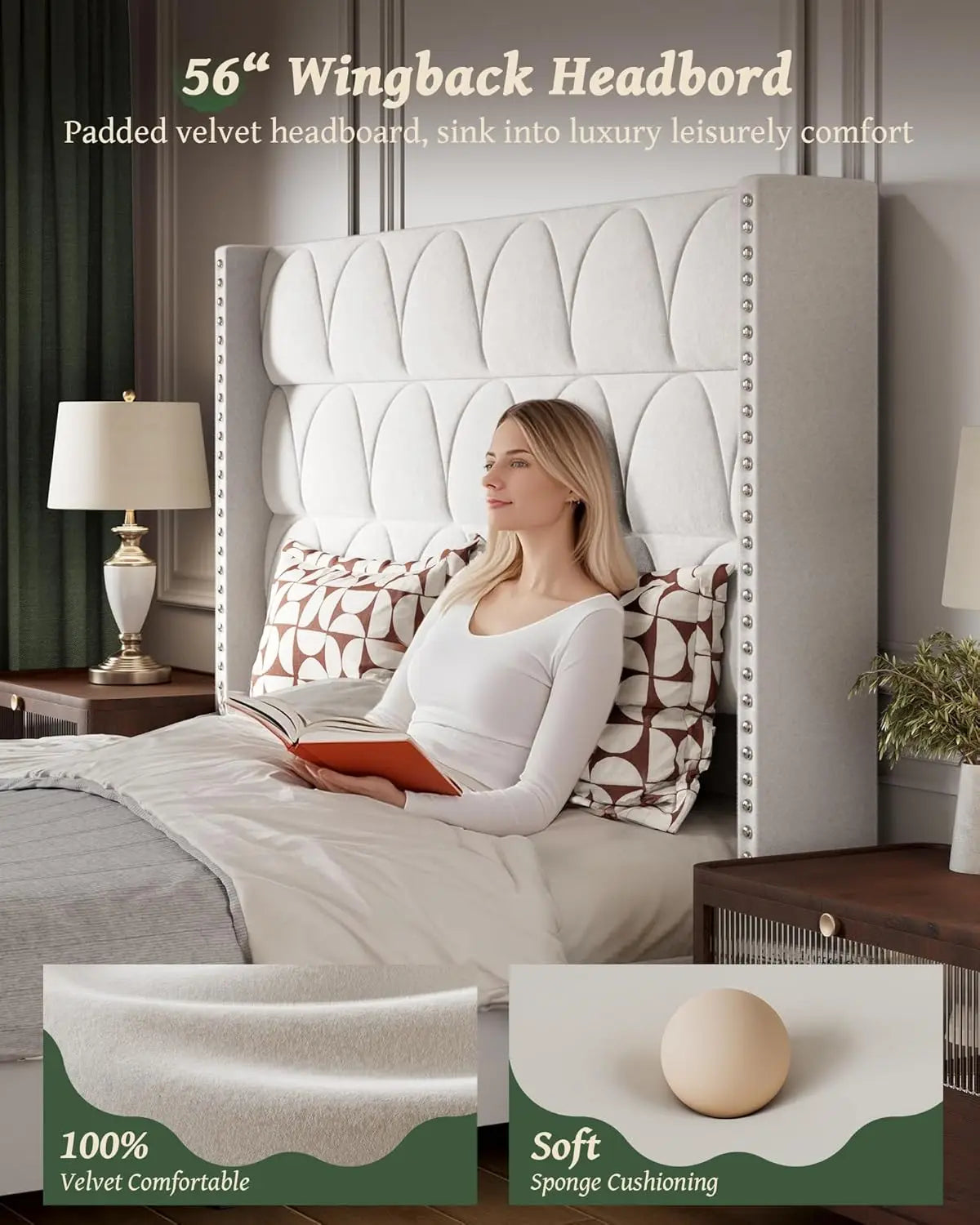 Upholstered Wingback Platform Bed Frame, Noise-Free Support