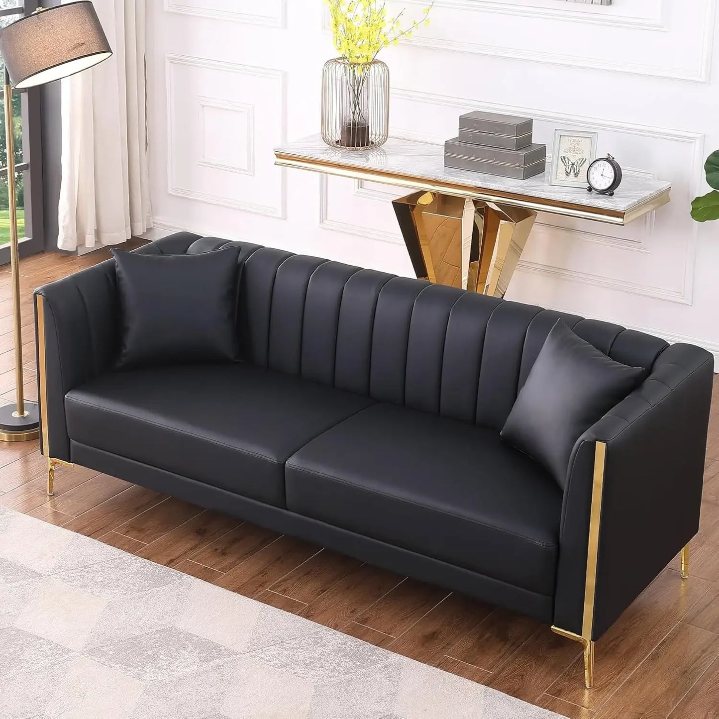 Comfy Faux Leather Sofa with 3 Sitter Sofa with 2 Throw Pillows and Gold Met