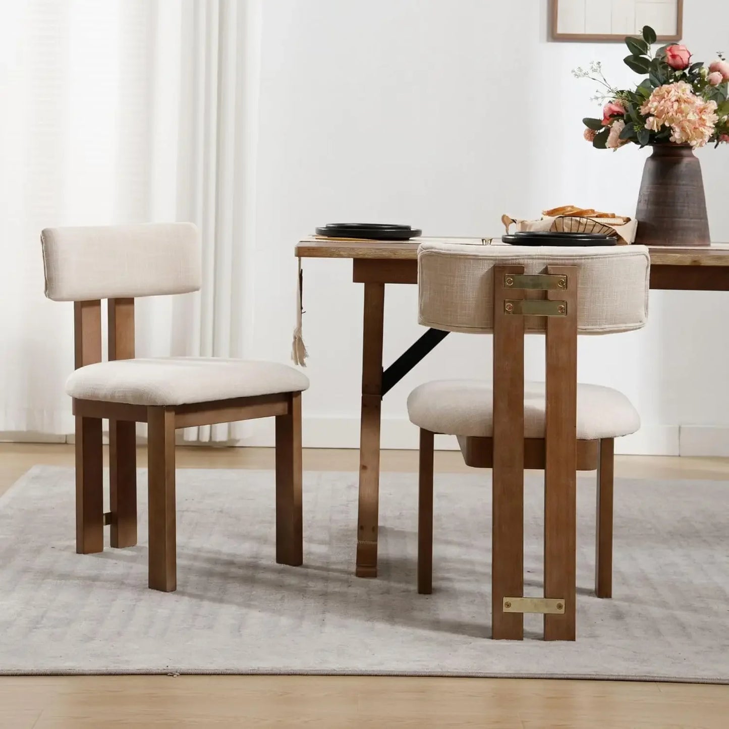 Armless Upholstered Accent Linen Dining Chairs Set with Natural Hardwood Legs