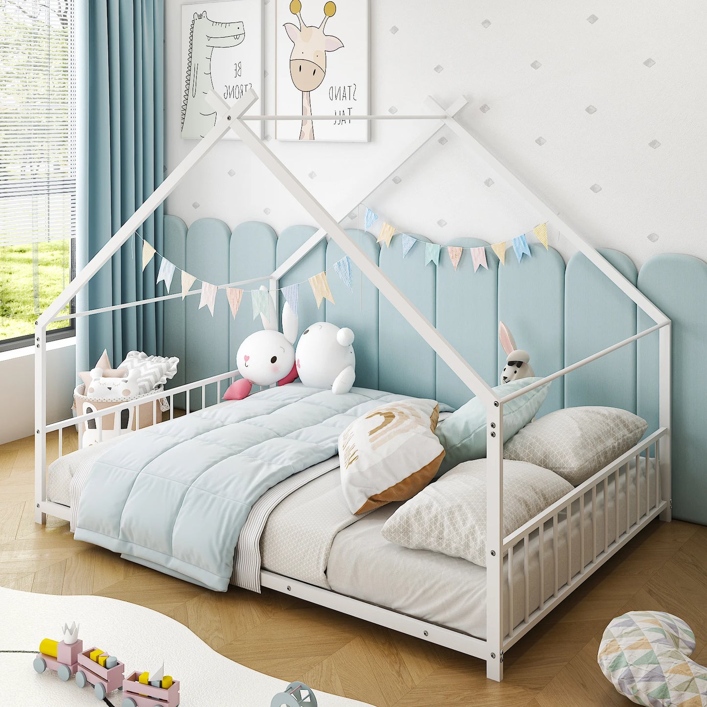 White Flat Bed House Shape with Side Guardrails