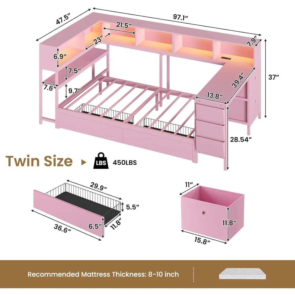 Corner Twin Bed Frame with Desk
