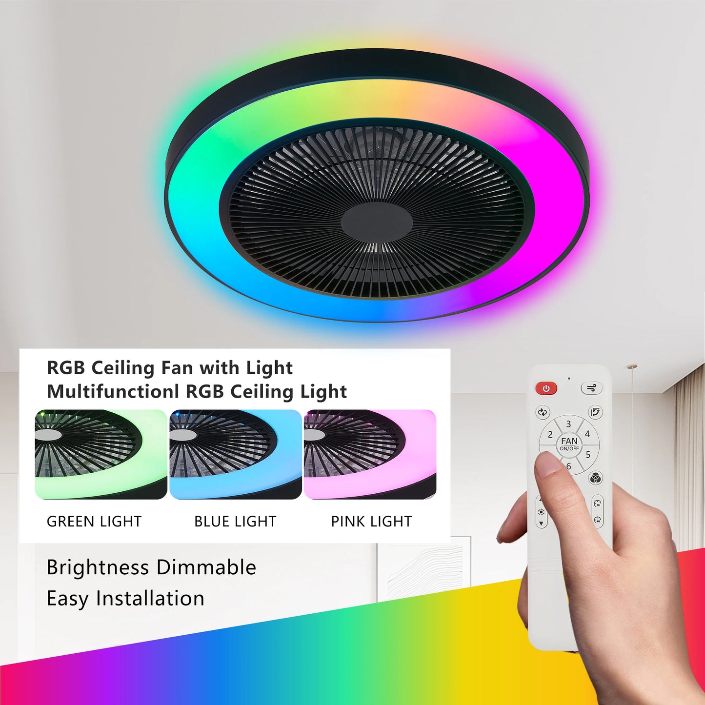 LED Ceiling Fan Light Smart RGB Lights with Remote