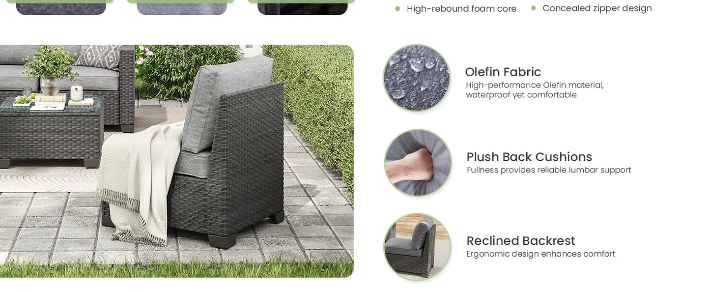 Patio Sectional Sofa Set with Ottoman, Water/Oil/Stain-Resistant Fabric