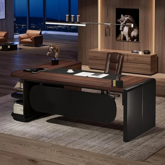L-Shaped Executive Desk with Cabinet and Storage Shelves