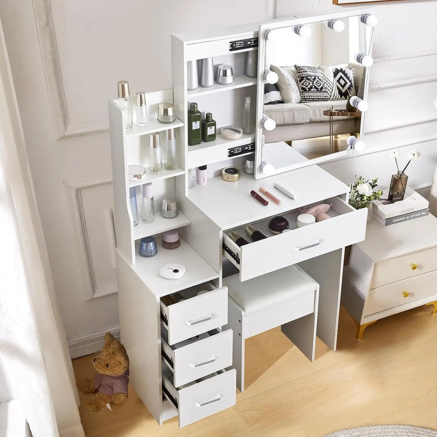 Vanity Desk with LED Mirror Lights, Shelves and Stool