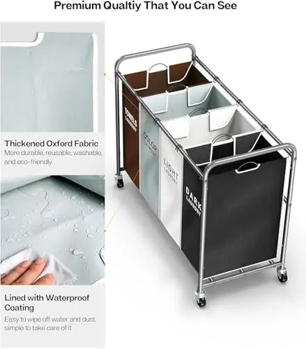 Rolling Laundry Organizer Cart With Locking Casters & Washable Oxford Fabric Bins