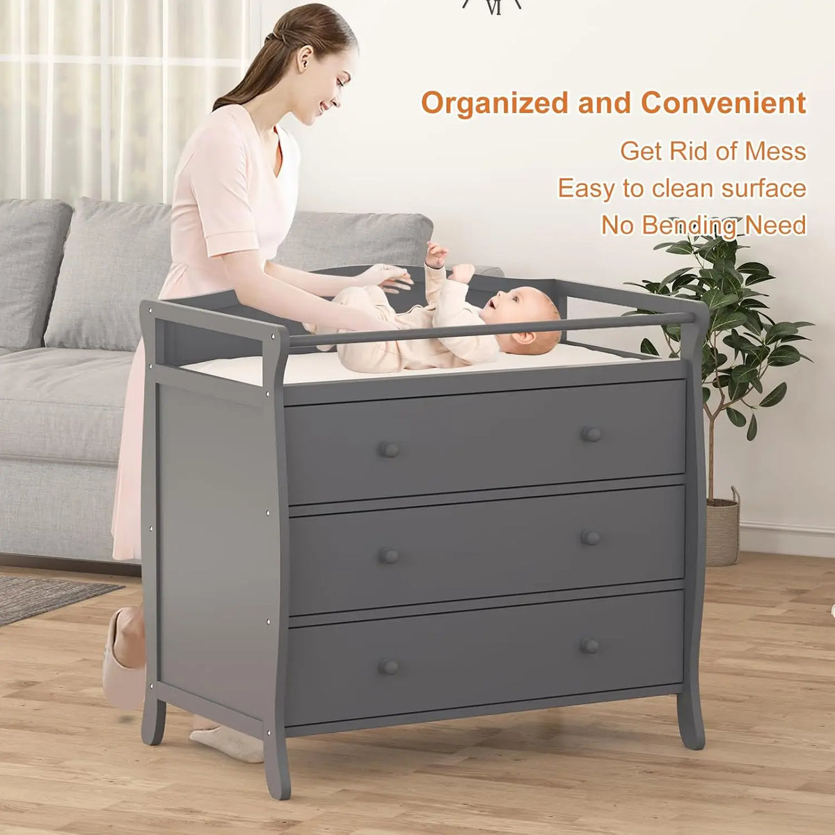 Baby Changing Table With Safety Belt & Rails Toddler Dresser