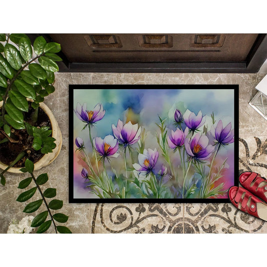South Dakota Pasque Flowers Watercolor Doormat Non-Slip Indoor Outdoor Entryway Rug