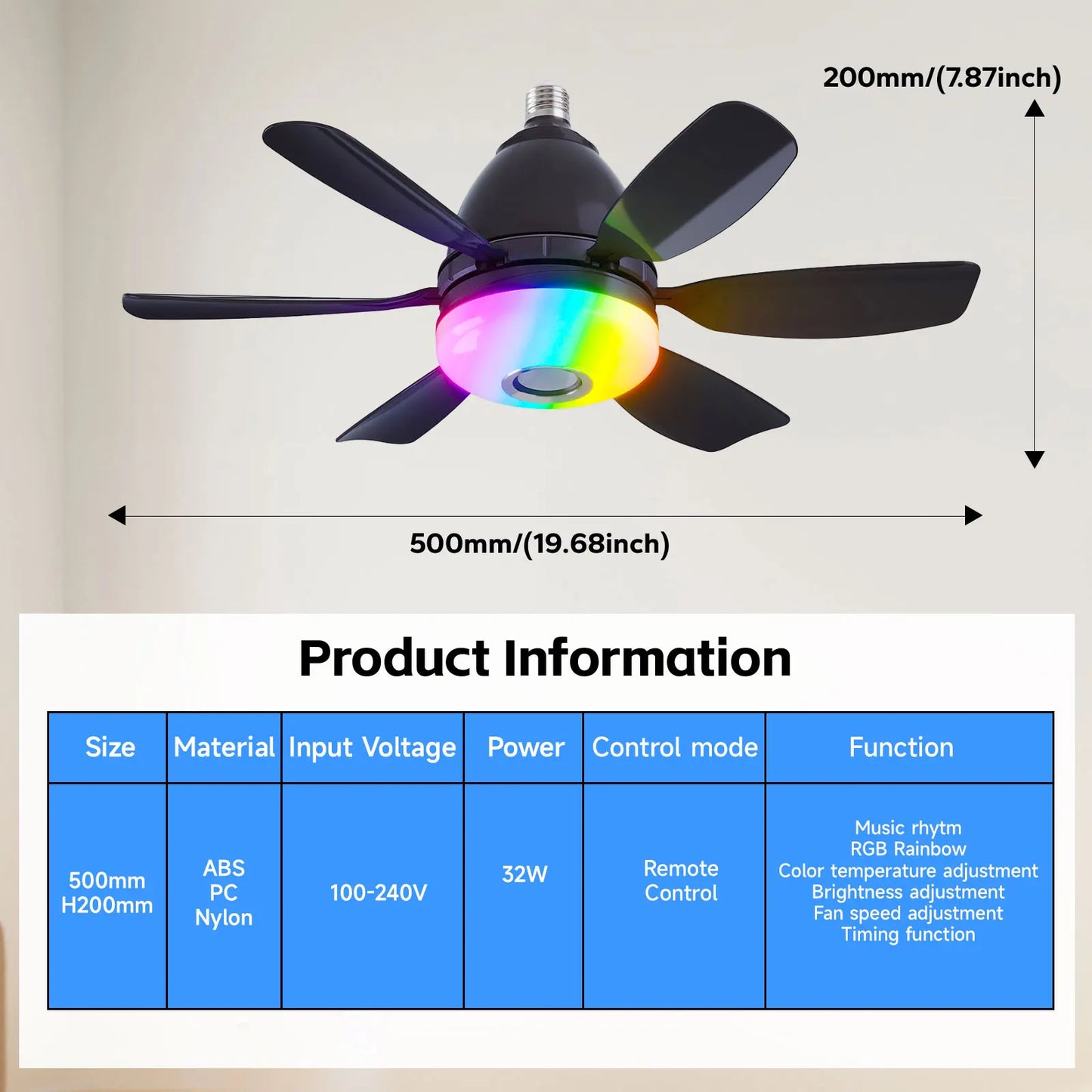 Socket Ceiling Fan RGB Light Bluetooth Speaker with Remote