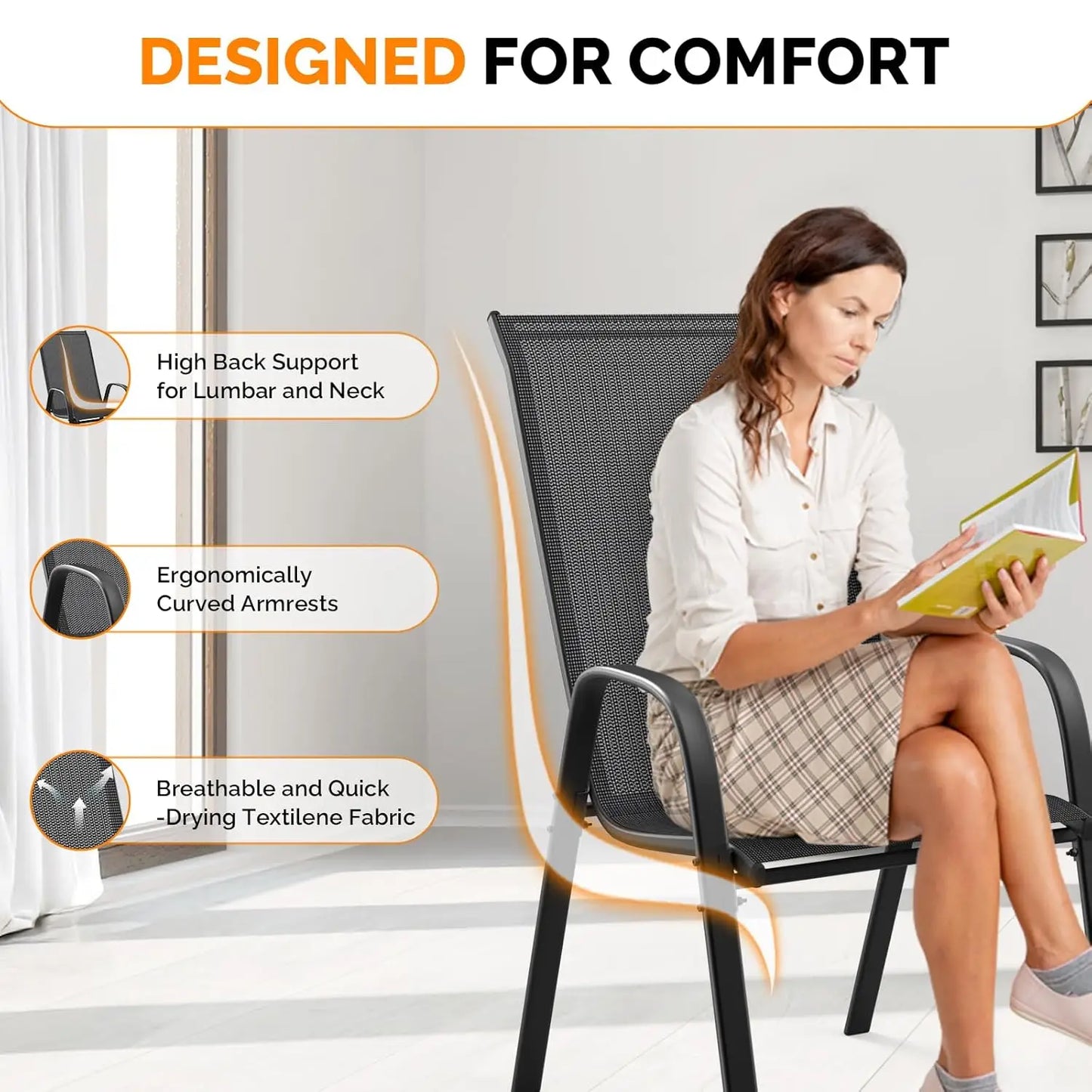 Stackable Outdoor with Comfortable Sling High Back Chairs and Armrests