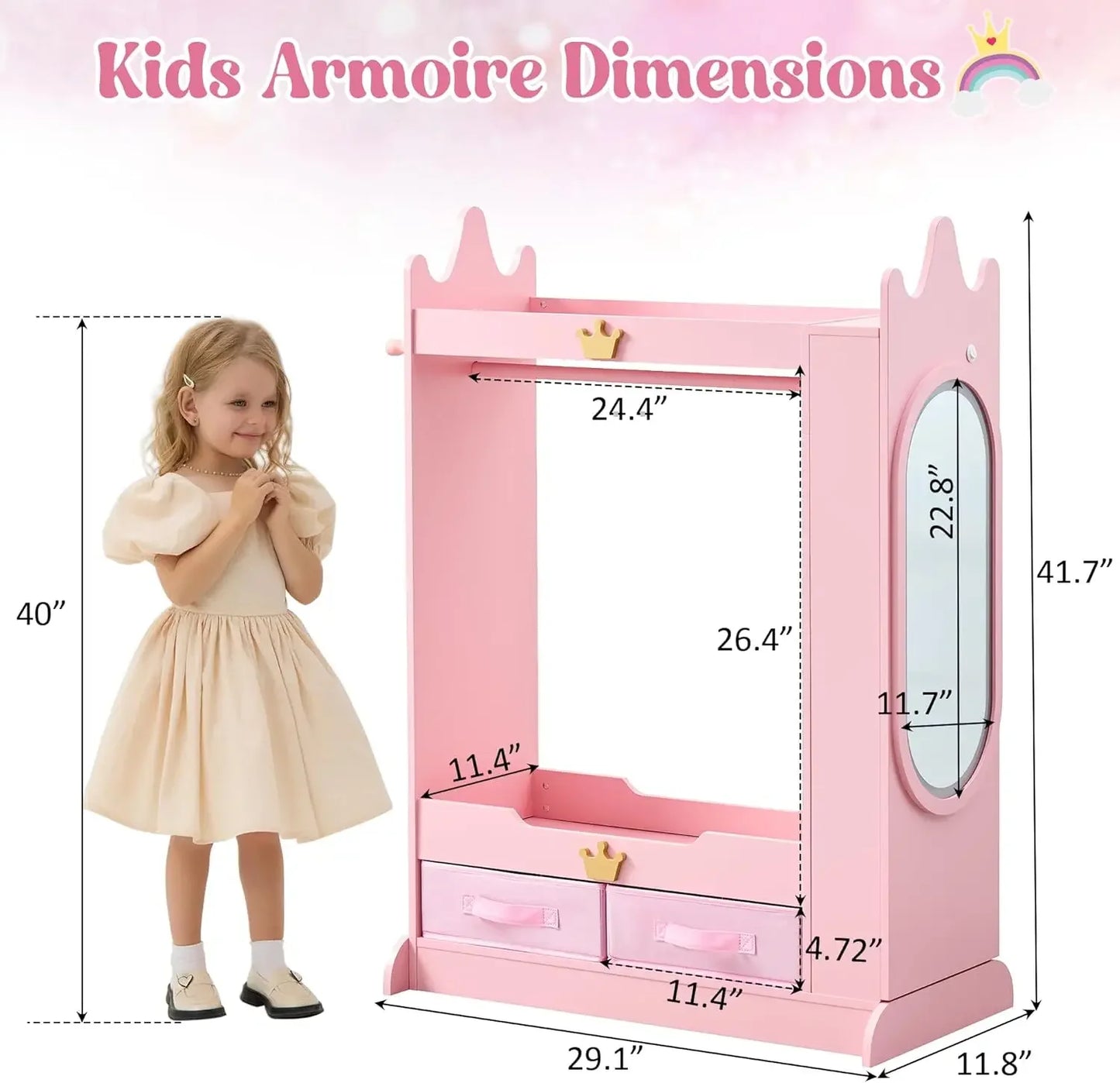Princess Wardrobe Closet with Dual Mirrors, Hidden Jewelry Cabinet, Shelves & Hanging Rack