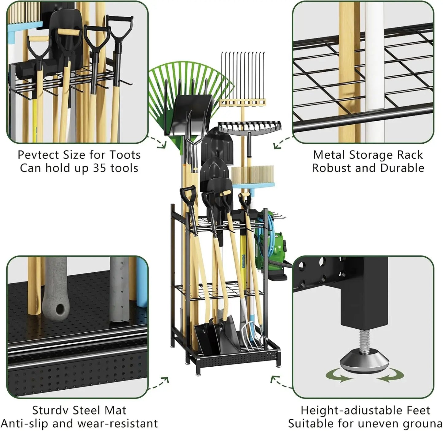 Heavy-Duty Metal Tool Organizer Rack with Hooks