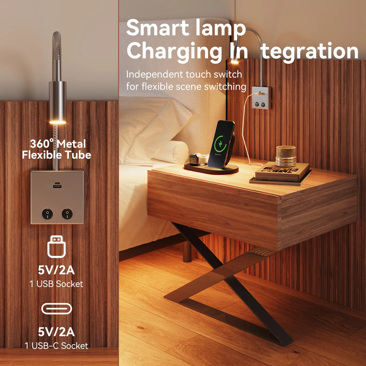 Luxury Bed with Integrated Nightstands & Reading Lamps